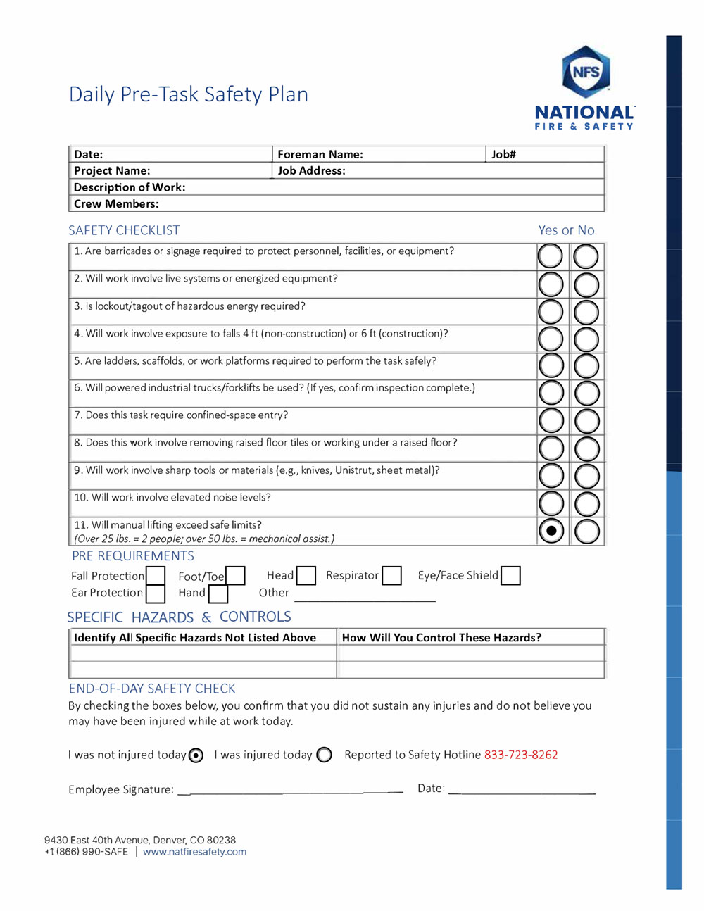 Services Daily Pre-Task Safety Plan